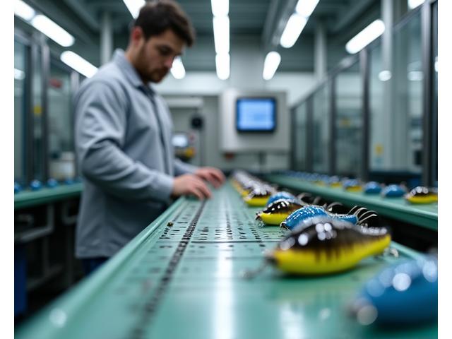 Wholesale fishing lures being inspected in a manufacturing facility