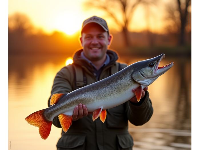 A joyous angler proudly holding a large, healthy fish (like a trophy pike or carp) that has been successfully caught using a Moorhen Lure. The angler is smiling, and the fish is being held carefully and respectfully, ready for release. The background is a beautiful, natural British waterscape at golden hour. The image radiates success, satisfaction, and responsible angling.