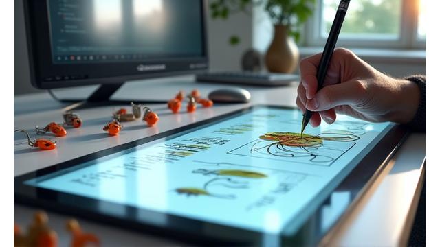 Close-up of a designer's hand sketching intricate lure designs on a tablet, surrounded by various lure prototypes and technical drawings. The setting is a clean, modern design studio with natural light.