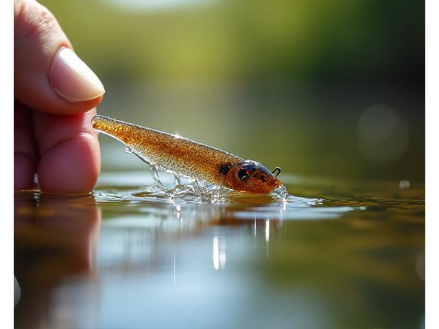 A bio-degradable Moorhen Lures soft plastic lure, captured in a hand gently releasing it into clear water. The lure appears made from natural, textured materials, subtly dissolving or interacting with the water, showing its eco-friendly aspect.