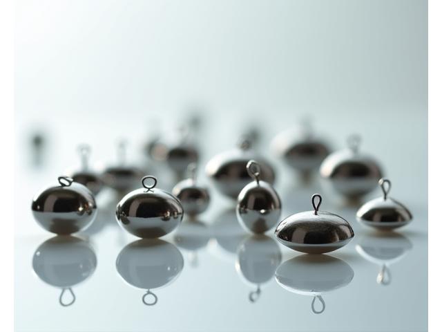 A gleaming collection of various Moorhen Lures lead-free sinkers and weights, showcasing their sleek, non-toxic materials. They are meticulously arranged on a clean, light-colored surface, emphasizing their environmental safety and quality.