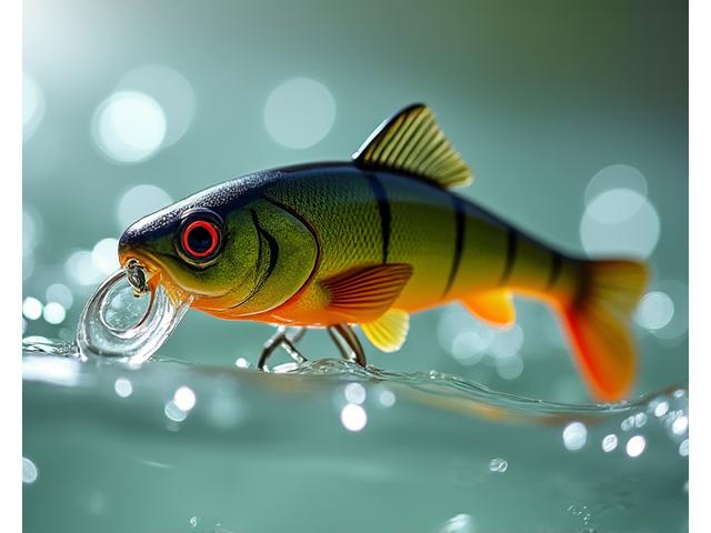 A small, detailed Moorhen Lures perch lure, possibly a soft plastic grub or small crankbait, in natural perch-mimicking colors. It's partially submerged in clear water, showing its action and texture. The lighting is bright and showcases fine details of the lure.