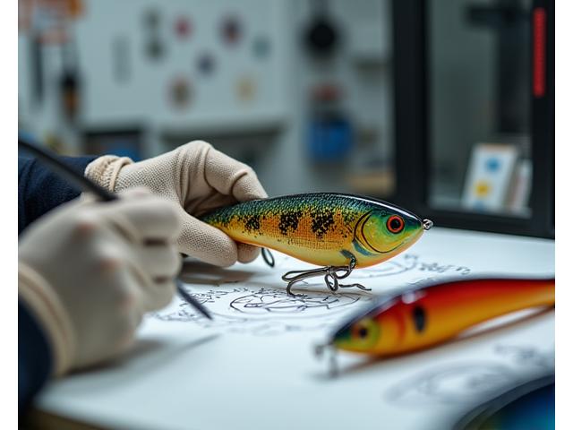 A highly detailed image of a bespoke, uniquely painted fishing lure, perhaps a topwater popper or a swimbait, undergoing final inspection in a workshop. The lure features intricate patterns and vibrant colors, reflecting customization. A skilled artisan's hands, wearing light gloves, are carefully holding it. In the background, blurred tools and design sketches hint at the custom design process.