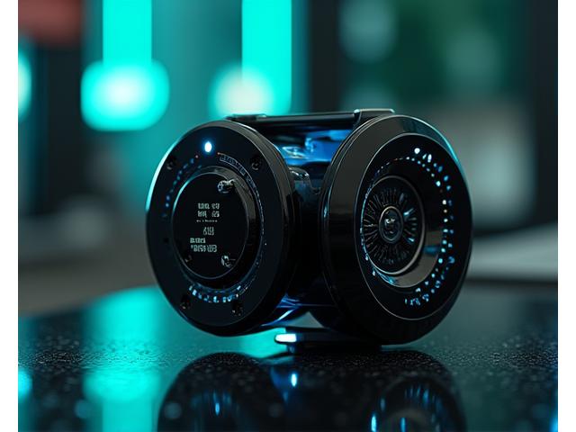 A high-tech fishing reel integrated with a small, sleek digital display showing depth or fish finder data. The setting is modern and clean, possibly a close-up on a futuristic fishing rod. Blue and green light reflections hint at water and technology, showcasing innovation.