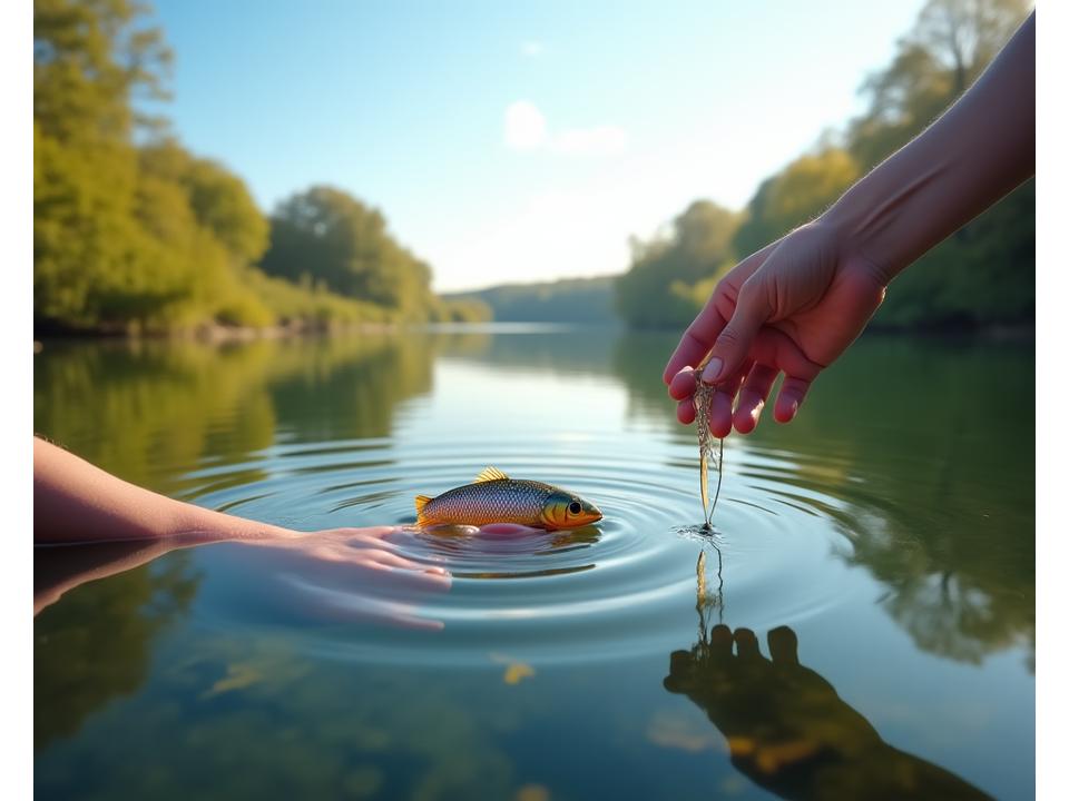 A serene, wide-angle shot of a pristine British river or lake, reflecting the sky. In the foreground, hands gently release a Moorhen Lure into the water. The scene emphasizes clean water and responsible angling, with subtle hints of indigenous UK flora. The lighting is soft and natural, emphasizing tranquility.