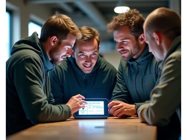 A diverse group of enthusiastic anglers gathered around a smart fishing device, actively discussing and testing, implying an inclusive beta testing community. Bright, collaborative atmosphere.