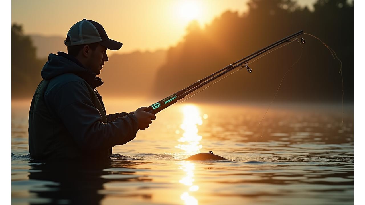 Angler utilizing a smart fishing rod with integrated display showing real-time catch data, set against a serene British lake at sunrise, featuring Moorhen Lures' innovative smart fishing technology.
