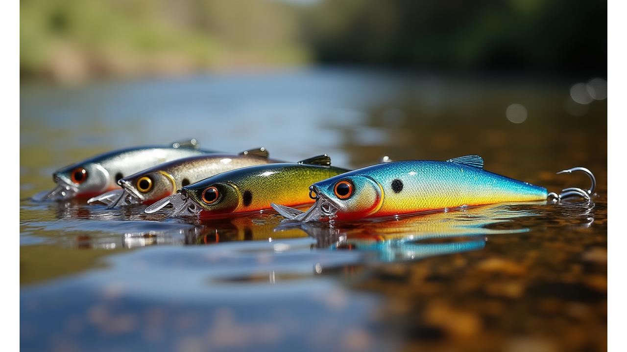 Variety of scientifically designed fishing lures for different fish species displayed in a clear water environment
