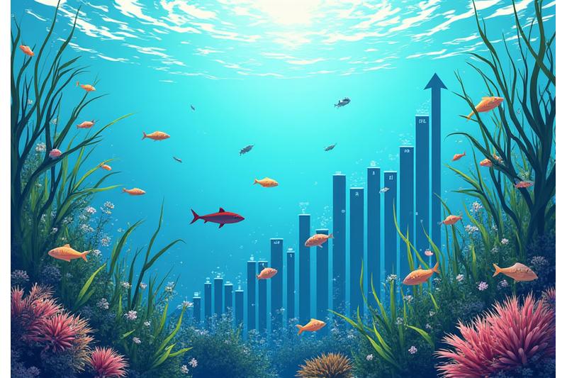 Dynamic bar chart showing a significant reduction in aquatic lead contamination and microplastic presence over time, directly correlating with the adoption of sustainable fishing tackle, set against a backdrop of thriving underwater flora and fish.
