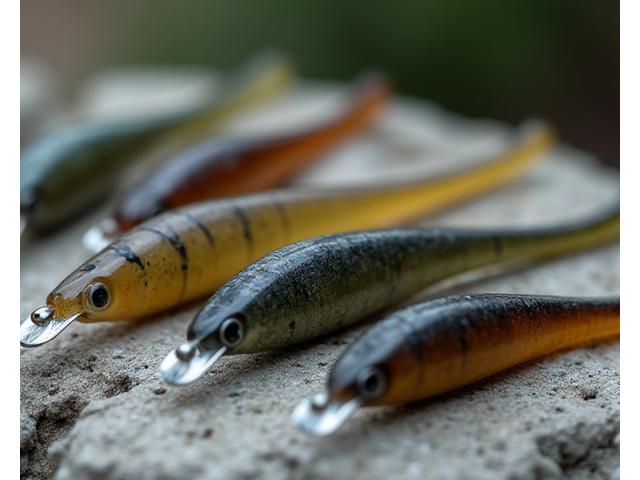 A collection of varied, expertly crafted lead-free fishing lures in natural, muted tones, arranged aesthetically on a smooth, pebble-like surface.