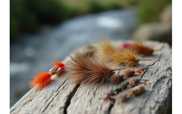 Assortment of realistic fly fishing patterns designed for UK waters, displayed on a wooden surface with a soft focus background of a flowing stream.
