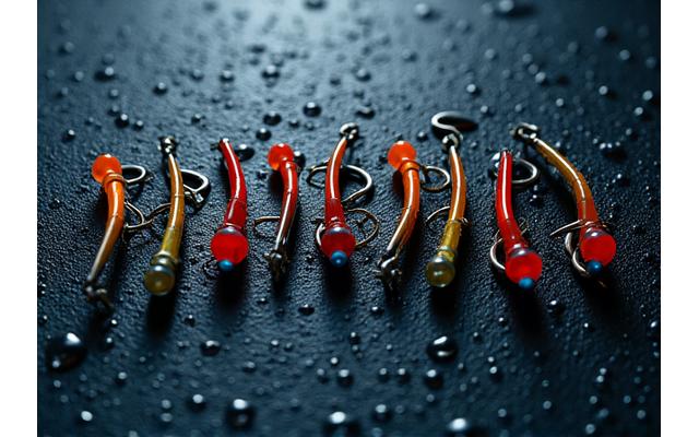 A collection of various fishing jigs of different weights and colors, arranged on a dark, textured background, suggesting depth and precision.