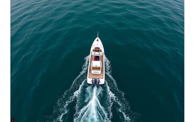 Aerial view of a boat trolling, showing multiple lines with lures effectively spread out in the water, under a clear sky, demonstrating a successful trolling setup.